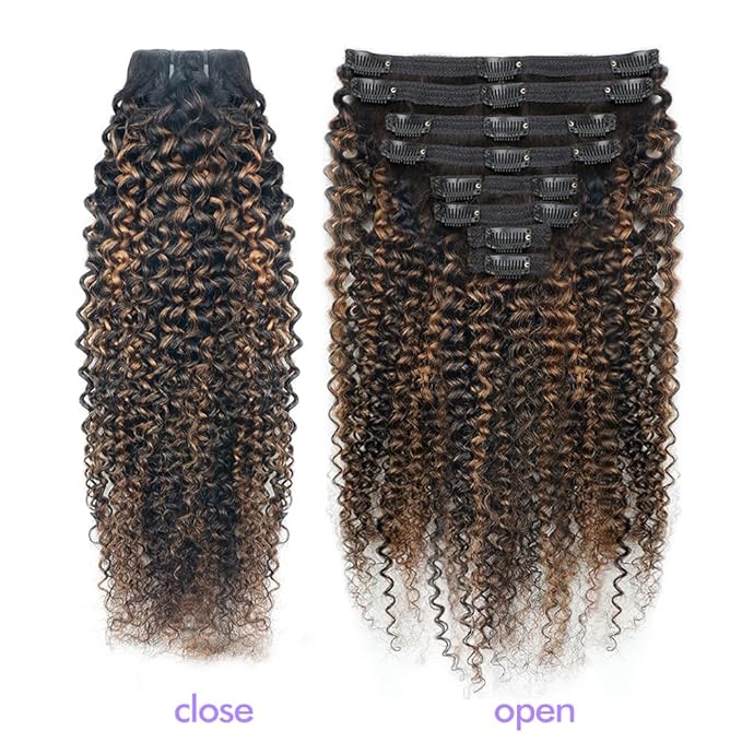 FB30 Highlight Ombre Curly Clip In Extension Human Hair 3C 4A Kinky Curly Clip Ins Full Head for Black Women Brazilian Remy Human Hair Balayage Brown 8Pcs with18clips 120g/Set (26 inch)