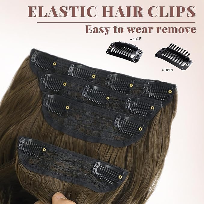 ALXNAN Clip in Long Wavy Synthetic Hair Extension 20 Inch Light Chestnut Brown 4PCS Thick Hairpieces Fiber Double Weft Hair for Women