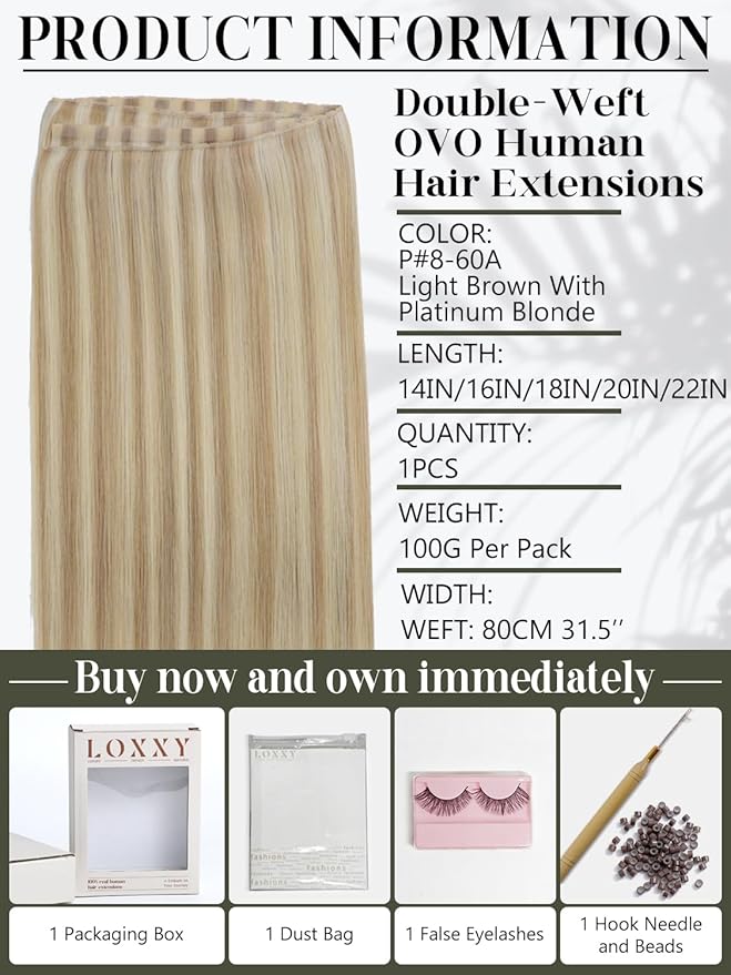 LOXXY Double Sided PU Invisible Real Human Hair Extensions - Butterfly Beaded Weft Hair Extensions - 14Inch 100g Light Brown With Platinum Blonde Highlights, Genius Weft Width 31.5"(80cm)