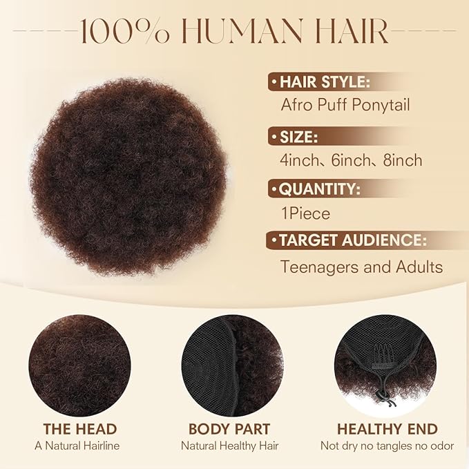 Afro Puff Drawstring Ponytail for Black Women Brazilian Virgin Human Hair #02 Dark Brown Kinky Curly Durable Natural Soft and Smooth Clip In Hair Extensions for Black Women