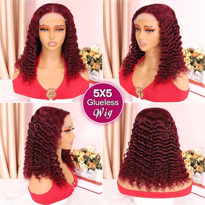 Curly Bob Wig Human Hair Deep Wave 200% Density 5x5 HD Lace Closure Wigs Human Hair Bob Wigs For Black Women Wear And Go Glueless Curly Wig Burgundy Color 14 Inch