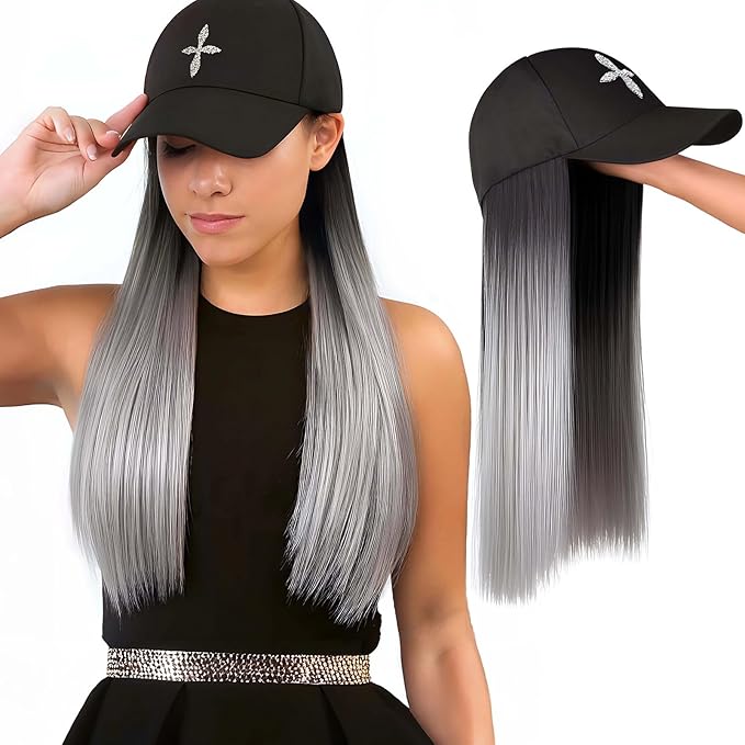 Hat with Hair 22-Inch Ombre Gray Long Straight Wig, Silver Grey Wig for Women, Straight Hair Extensions