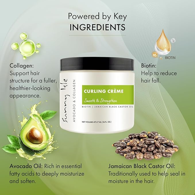 Sunny Isle Avocado and Collagen Curling Crème 16oz | Biotin and Jamaican Black Castor Oil Infused | Lightweight Formula For Waves, Curls and Twists
