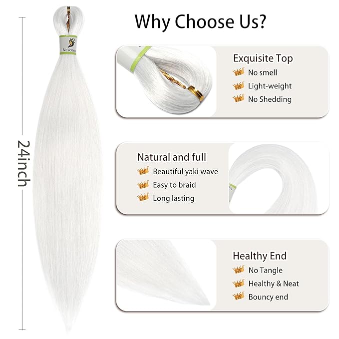 Pre Stretched Braiding Hair With Yaki Texture, Professional Hair Extension for Corochet Braid (White, 24inch（pack of 8）)