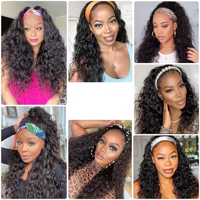 Aiterina Headband Wig Deep Wave Human Hair Wig 18 inch None Lace Front Wigs for Black Women Deep Curly Wave Machine Made Wigs Natural Color