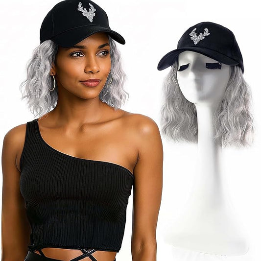 8 inch Wavy Hat Wig, Icy Silver Gray Bob Wigs Ago,Synthetic Short Curly Wigs,Hat with Hair Attached for Women