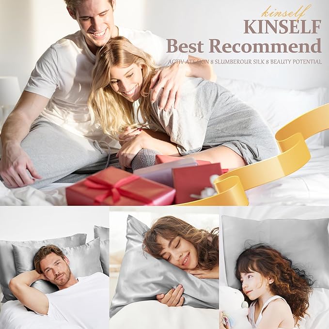 2 Pack 100% Pure Silk Pillowcase for Hair and Skin, Both Sides Mulberry Silk Pillowcases with Hidden Zipper, Cooling Pillowcase 19 Momme, 600 Thread Silk Pillow Cases Queen Size, Gray