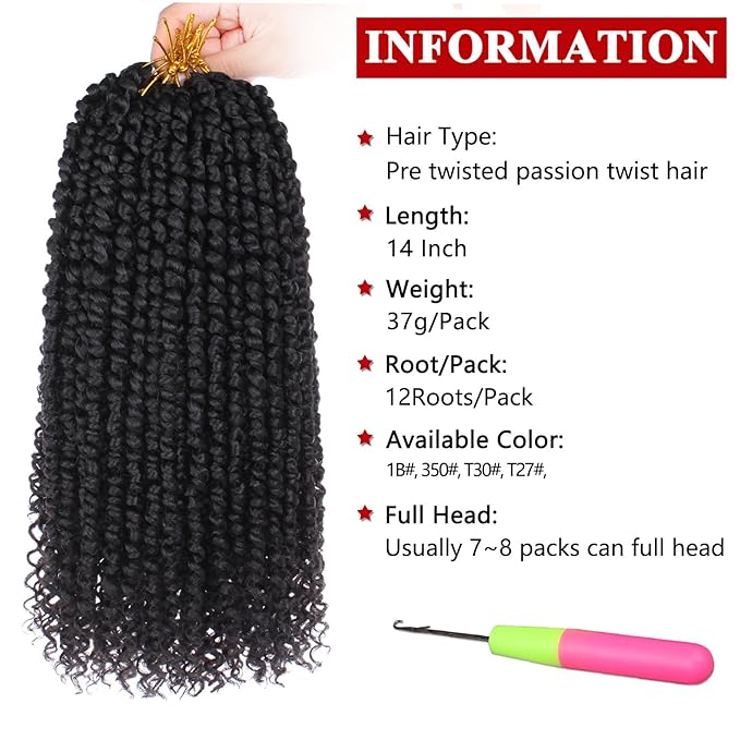 Xtrend 8 Packs Pre-twisted Passion Twist Crochet Hair 14 Inch Natural Black Pre-looped Crochet Braids Hair For Women Bohemian Synthetic Passion Braiding Hair Extension (8packs, 1B#)