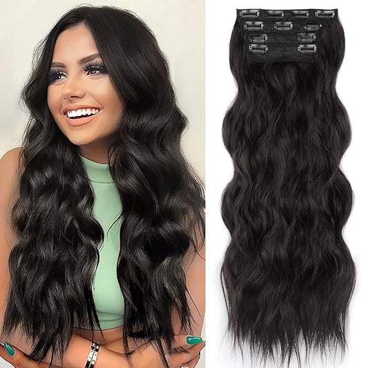 ALXNAN Clip in Long Wavy Synthetic Hair Extension 20 Inch Black Brown 4PCS Thick Hairpieces Fiber Double Weft Hair for Women