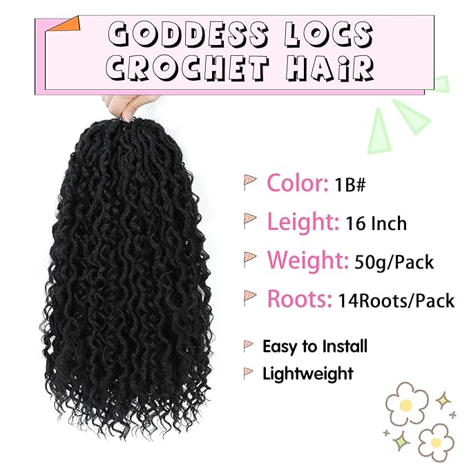Fulcrum Goddess Locs Crochet Hair 16 Inch, 8 Packs New Faux Locs Crochet Hair for Black Women, Crochet locs with Curly Ends (16Inch (Pack of 8), 1B#)