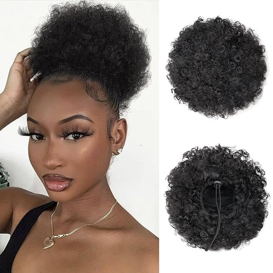 AISI QUEENS Afro Puff Drawstring Ponytail Synthetic Short Afro Kinkys Curly Afro Bun Extension Natural Black Hairpieces Updo Hair Extensions for Women Girls (1B#)