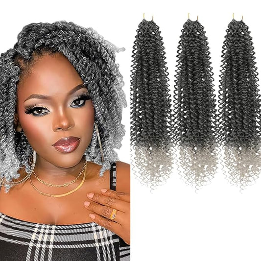 Passion Twist Hair Extensions Black to Gray Curly Crochet Hair 12 Inch Short Curly Braiding Hair 3 Packs Ombre Crochet Braids with Curls for Black Women(12",1B Gray)