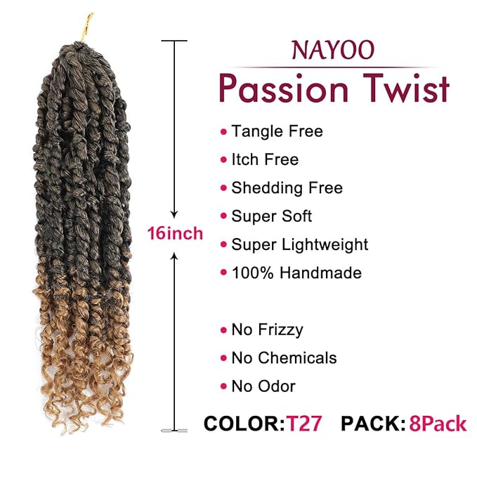 NAYOO Passion Twist Hair - 8 Packs 16 Inch Passion Twist Crochet Hair For Women, Crochet Pretwisted Curly Hair Passion Twists Synthetic Braiding Hair Extensions (16 Inch 8 Packs, T27)