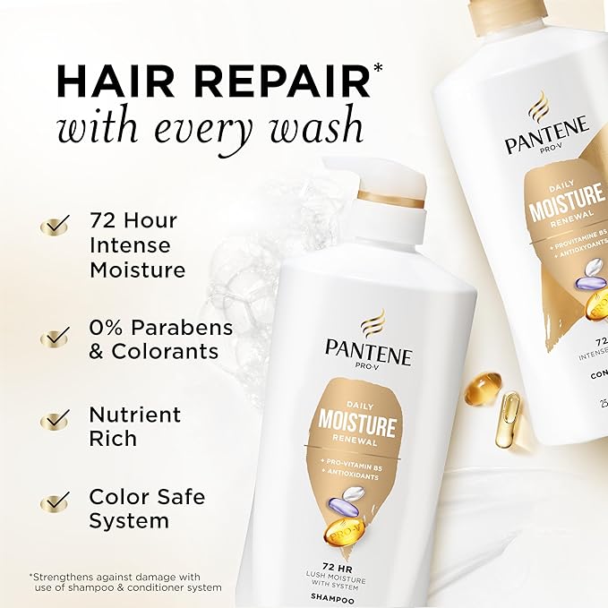 Pantene Shampoo & Conditioner Set, Daily Moisture Renewal - Pro-V Nutrients for Dry, Color-Treated, Straight to Curly Hair, 72-Hour Hydration & Softness, 52.8 Oz Total + Miracle Rescue Shot (0.5 Oz)