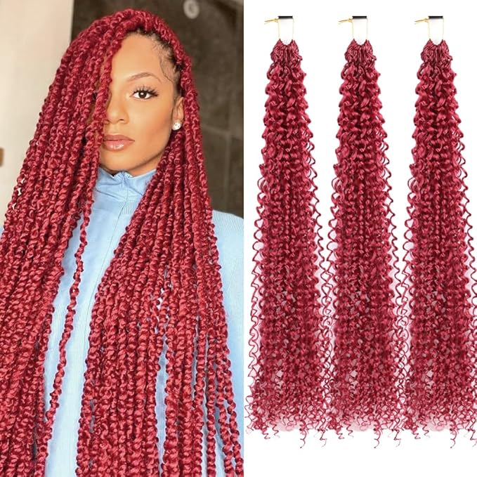 Curly Crochet Hair Extensions Burgundy Passion Twist Braids 24Inch Long Curly Braiding Hair 3Packs Spring Crochet Braids Hair Extensions Goddess Box Braids for Black Women(24",900#)
