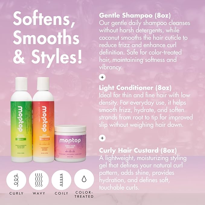 MopTop Gentle Shampoo + Light Conditioner + Curly Hair Gel for Curly, Wavy, and Coily Hair, Color Safe, Moisturizing Womens Hair Care