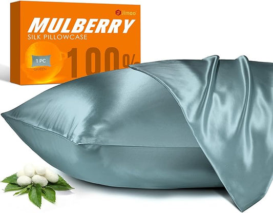 100% Mulberry Silk Pillowcase for Hair and Skin, 22 Momme Pure Natural Silk Pillow Case Both Sided with Zipper, Pillow Cover for Women Mom Men (Airy Blue, Standard 20''×26'', 1 Pack)