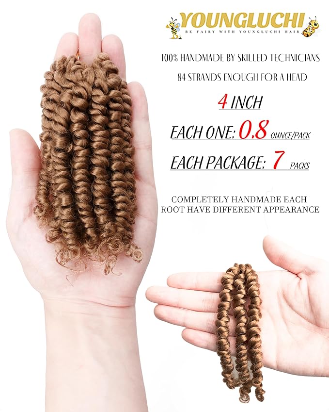 4 Inch 7 Packs Super Short Passion Twist Crochet Hair for Black Women and Kids-Pure Blonde Pre Looped Pretwisted Soft Hair Extensions,Braided by Synthetic Spring Kinky Twist Bohemian Curl(4"-7P,27#)