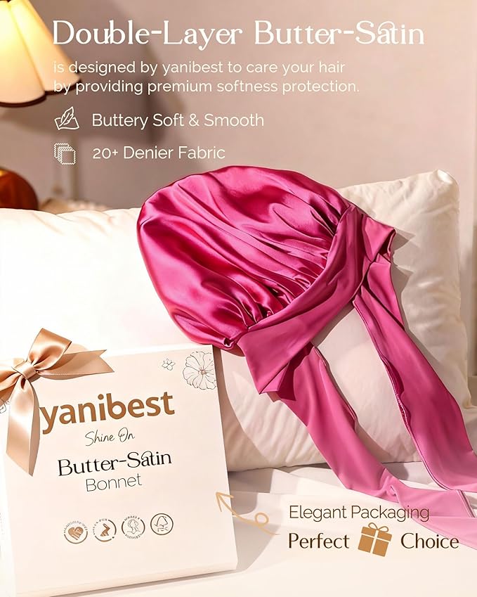 YANIBEST Silk Bonnet for Sleeping Women Adjustable Double Layer Satin Bonnet Reduce Friction Prevent Frizz Natural Curly Hair