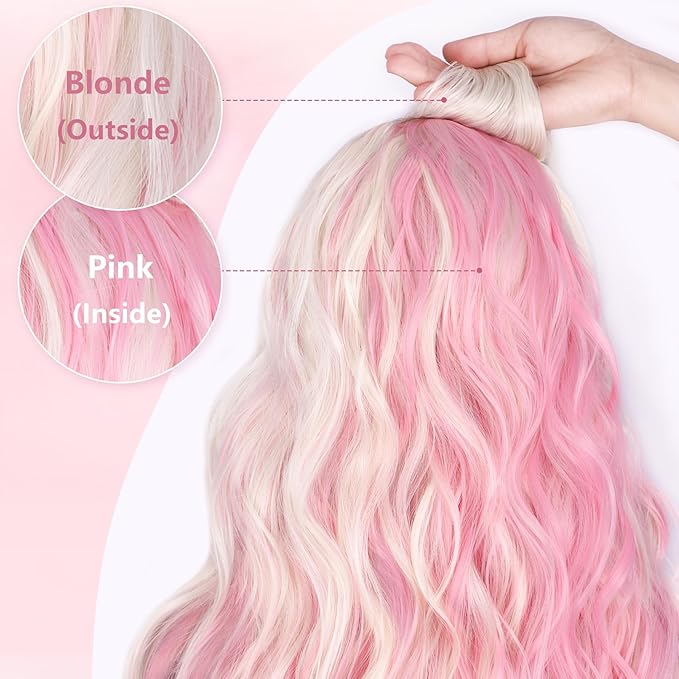 ALXNAN Clip in Long Wavy Hair Extension 20 Inch Blonde Pink Hair Extensions 4PCS Thick Hairpieces Fiber Double Weft Hair for Women