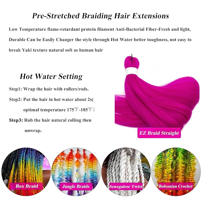 Pink Braiding Hair Extensions For Braids Magenta Pink Braiding Hair Pre Stretched 26 Inch, Hot Water Set Yaki Synthetic Hypoallergenic Pre Stretched Braiding Hair Bundles