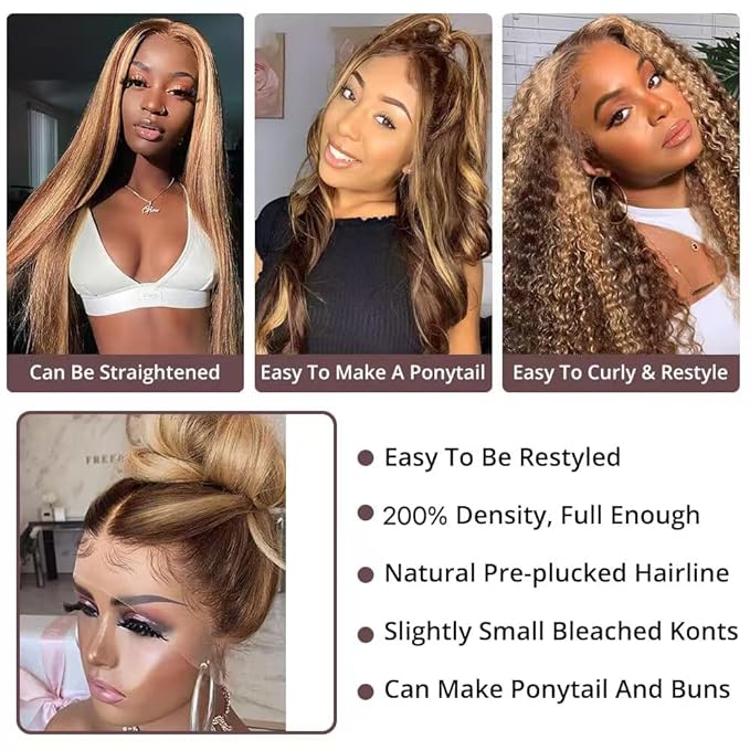 MEGOOD 13x6 Honey Blonde Wig Human Hair 4/27 Colored Wigs HD Transparent 13x6 Body Wave Lace Front Wigs Pre Plucked For Women 200 Density Highlight Ombre Lace Front Wig Human Hair Glueless Wigs