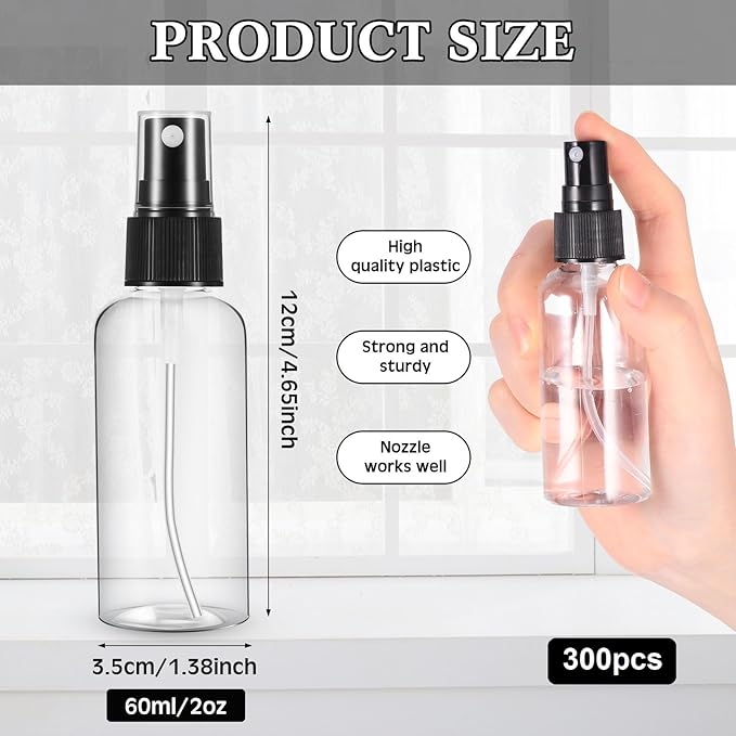 Roshtia 300 Pcs 2 oz Plastic Mini Spray Bottles with Black Cap Clear Empty Fine Mist Spray Bottles Refillable Liquid Container for Essential Oils Perfumes Travel Makeup