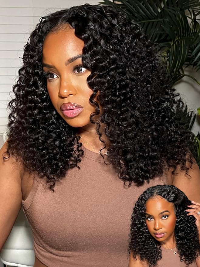 Julia Hair EasiContour 12A V Part Jerry Curly Glueless Wigs Human Hair Clip in Half Wig No Leave Out Vpart Wig Upgrade U Part Human Hair Wig for Women No Glue Beginner Friendly Natural Color 14 Inch