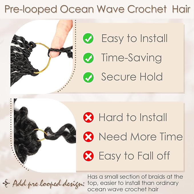 14 Inch 8 Packs Pre Looped Ocean Wave Crochet Hair Boho Ocean Deep Water Wave Beach Curl Braiding Hair Pre Twisted Synthetic Short Wavy Curly Crochet Hair for Women(14inch 1B/4/30)
