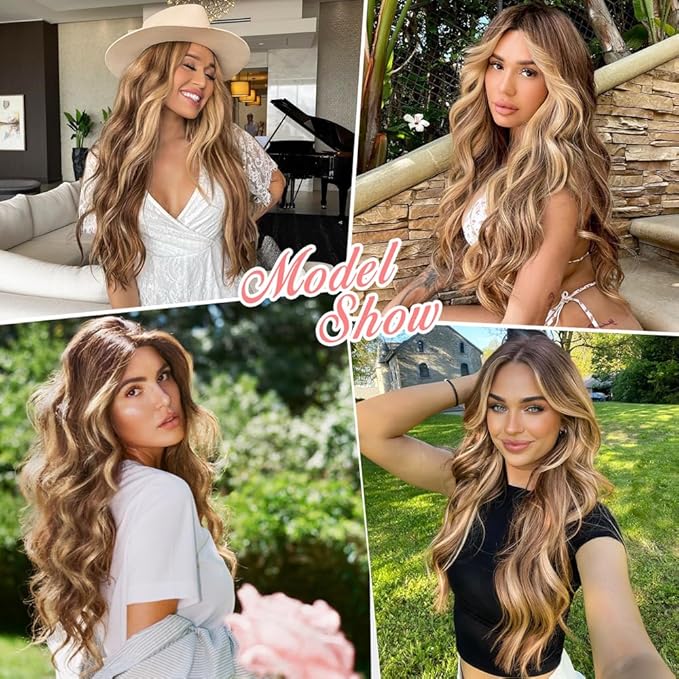 ALXNAN Clip in Long Wavy Hair Extension 24 Inch Chocolate Brown to Honey Blonde Hair Extensions 4PCS Thick Hairpieces Fiber Double Weft Hair for Women