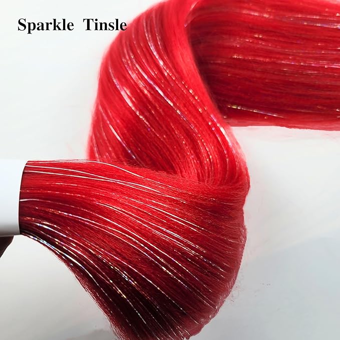 Red Tinsel Braiding Hair Pre stretched Glitter Tinsel Hair Prestretched Braiding Hair Sparkle Tinsel Ez Braid Braiding Hair
