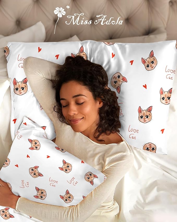 Silk Pillowcase 2 Pack - Cute Pillow Cases 20" x 26" Standard Size Set of 2 for Hair and Skin Smooth Soft Breathable with Hidden Zipper Cooling Pillow Covers for Sleeping, Love Cat