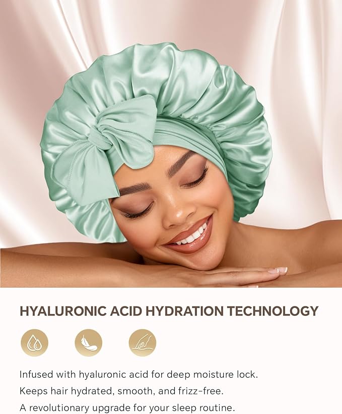Silk Bonnet for Sleeping Women Double Layer Hyaluronic Acid Satin Bonnet with Adjustable Tie Band Sleep Cap for Curly Hair