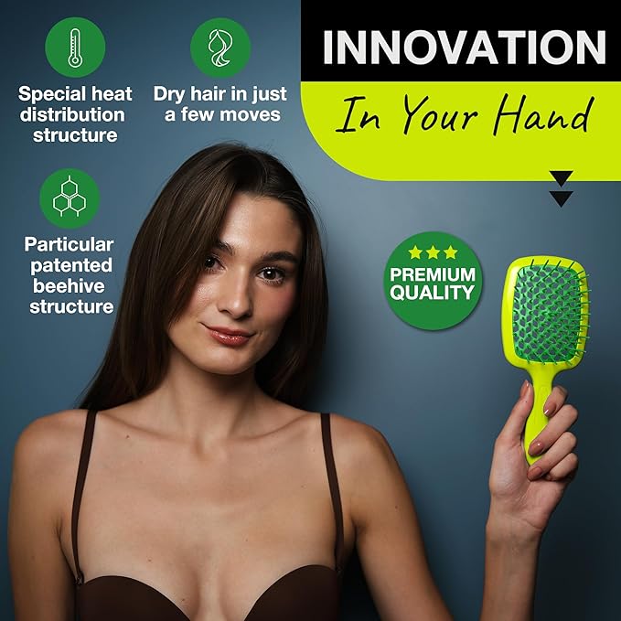 Janeke Superbrush Detangling Brush for Soft Smoothing Hair Brushing with Anti-Static Bristles - Vented Wet Hair Brush for Blow Drying Use - Perfect for Curly, Thick, Wavy, Fine Hair Types (Lime)