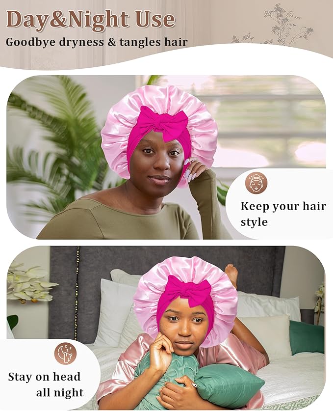 Reversible Satin Bonnet for Sleeping Women Double Layer Hair Bonnet with 2PCS Hair Scrunchies Elastic Tie Band Night Cap