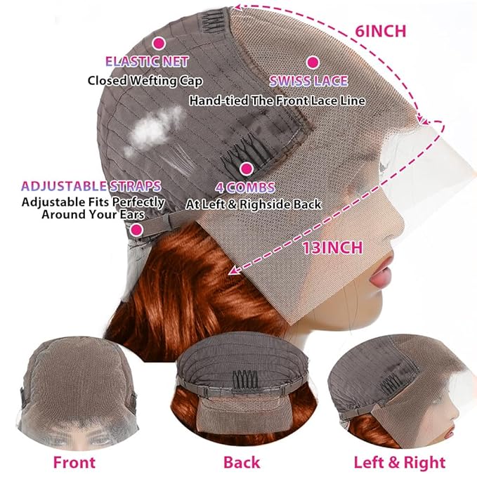 200 Density 13x6 Reddish Brown Lace Front Wigs Human Hair Pre Plucked 13x6 HD Transparent Body Wave Lace Front Wigs Human Hairs With Baby Hair Ginger #33 Colored Human Hairs Wig For Women (20 Inch)