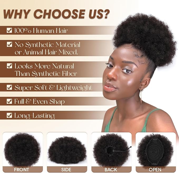 Afro Puff Ponytail for Black Women 4c Human Hair 4 Inch #1B Natural Black Kinky Curly Durable Natural Soft and Smooth Drawstring Ponytail For Women
