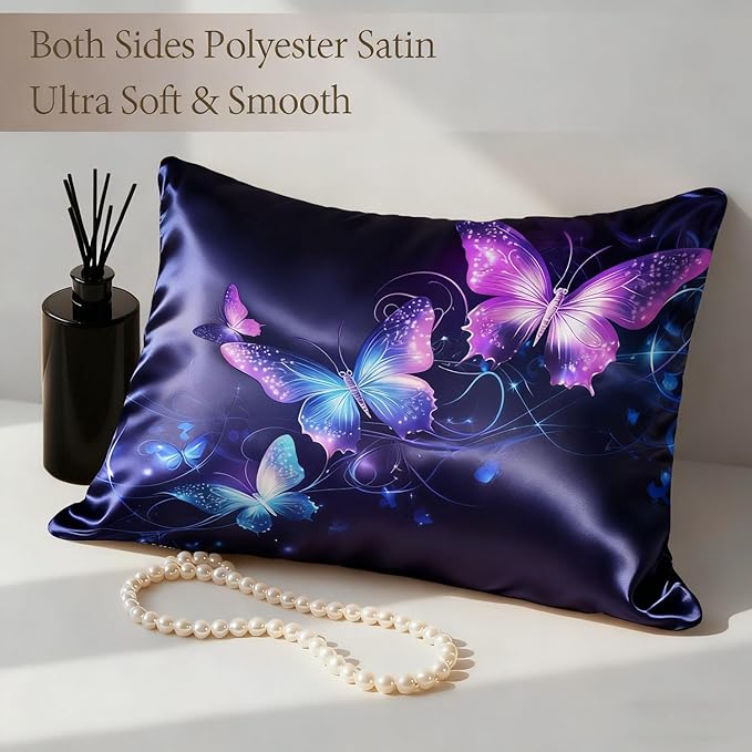 1 Pack Satin Pillowcase for Hair and Skin Purple and Blue Butterflies Imitation Silk Pillowcase with Hidden Zipper Soft Breathable Pillow Cover Standard Size for Bedroom Sofa 20”x26”