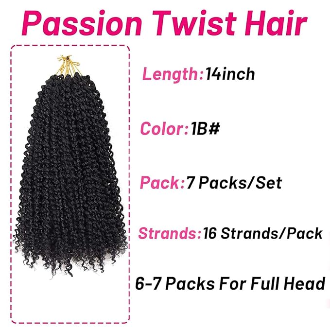 Dorsanee Passion Twist Hair 14 Inch 7 Packs Water Wave Crochet Hair Long Bohemian Curly Braiding Hair for Butterfly Locs, Faux Locs, Boho Style Spring Twist Crochet Braids (1B#)