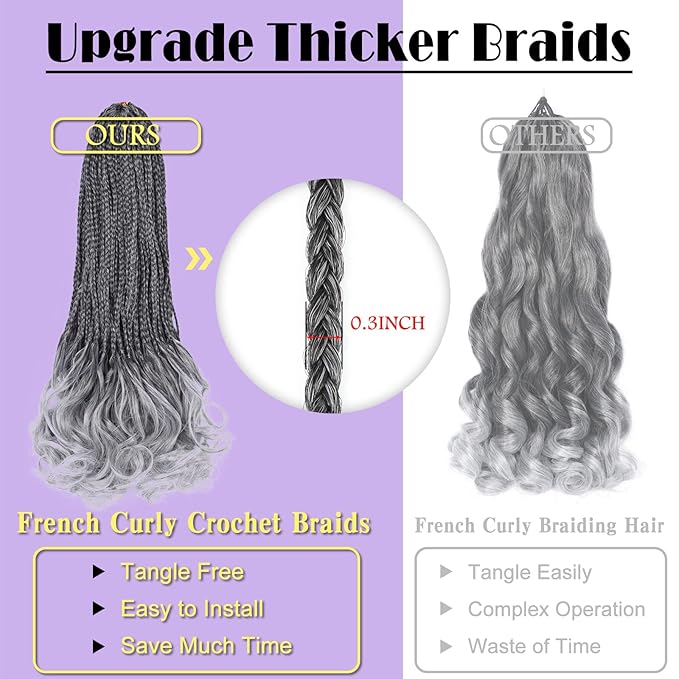 French Curl Crochet Braids 22 Inch 8 Packs Gray Goddess Box Braids Crotchet for Women Hair Pre Looped Crochet Box Braid with Curly Ends Synthetic French Curly Braiding Hair Extensions (1B/Gray)