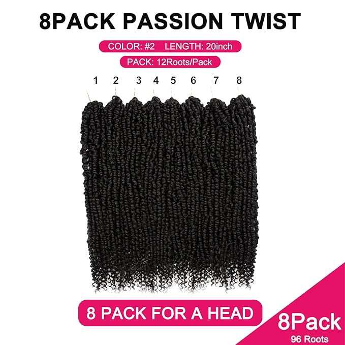 Passion Twist Hair - 8 Packs 20 Inch Passion Twist Crochet Hair For Women, Crochet Pretwisted Curly Hair Passion Twists Synthetic Braiding Hair Extensions (20 Inch 8 Packs, #2)