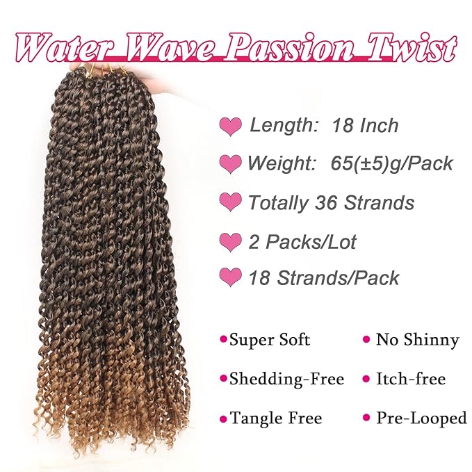 Leeven 2 Pcs Passion Twist Hair Ombre Color Water Wave Synthetic Crochet Braids for Butterfly Locs 18 Inch 36 Roots Passion Twists Crochet Braiding Hair Extension T27#