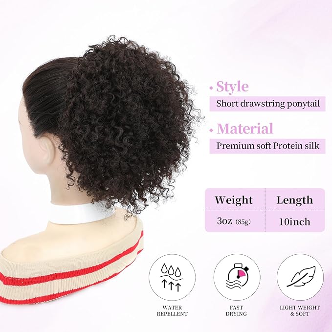 Drawstring Curly Ponytail Extensions for Black Women Protein Silk Fiber Human Hair Soft Feeling Afro Kinky Curly Hair Puff Pony tails Lightweight, Soft Natural Budget-Friendly for Daily Styles