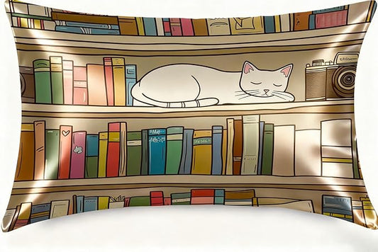 Silk Pillowcase for Hair and Skin Cartoon White Cat Bookshelf Satin Pillowcase Standard Size with Zipper Silky Soft Cooling Satin Pillowcase Sleeping for Women 20"x26"