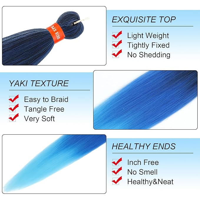 Ombre Black-Blue-SkyBlue Pre Stretched Braiding Hair 30 Inch 2 Packs Professional Yaki Texture Festival Braids Box Crochet Twist Hair Extensions