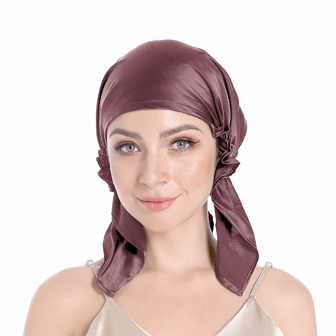 SissiLita 100% Silk Bonnet for Sleeping, Large Silk Sleep Cap with Tie Band for Curly Hair Care (Mauve)
