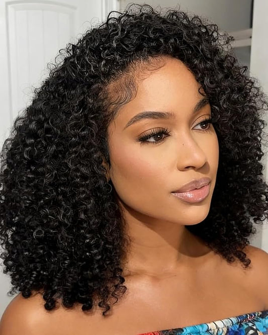 BEEOS Kinky Curly Half Wig Human Hair for Women, Wear Go Drawstring Glueless Half Wig 180% Density, Undetectable Track No Smell Beginner Friendly 18 Inch