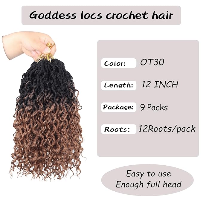 Goddess Locs Crochet Hair 12 Inch 9 Packs Synthetic Faux Locs Crochet Hair for Black Women, River Locs Hair Extensions Style Pre looped Crochet with Curly Ends