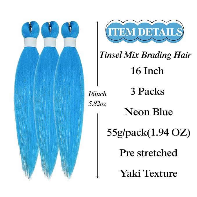 Neon Blue Tinsel Kids Braiding Hair Pre stretched Hypoallergenic Braiding Hair for Glitter Braids Festival Braids Cosplay