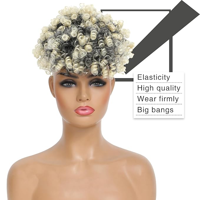 ENTRANCED STYLES Drawstring Ponytail with Bangs - Afro Puff Extensions for Women, Short Curly Clip in Wrap Updo Hairpiece (T1B/613#)